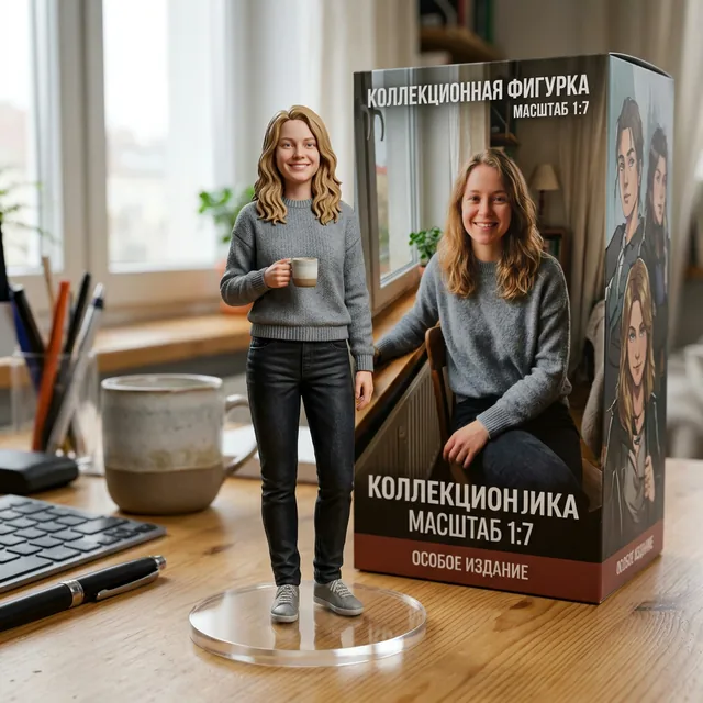 Сделай коллекционную фигурку девушки с фото в масштабе 1:7. Фигурка стоит на круглой прозрачной подставке на рабочем ст…