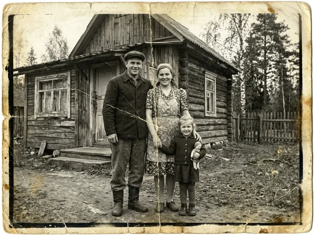 Старая выцветшая чёрно-белая фотография 1950-х годов: семья из трёх человек у деревянного дома. На снимке заломы, царап…