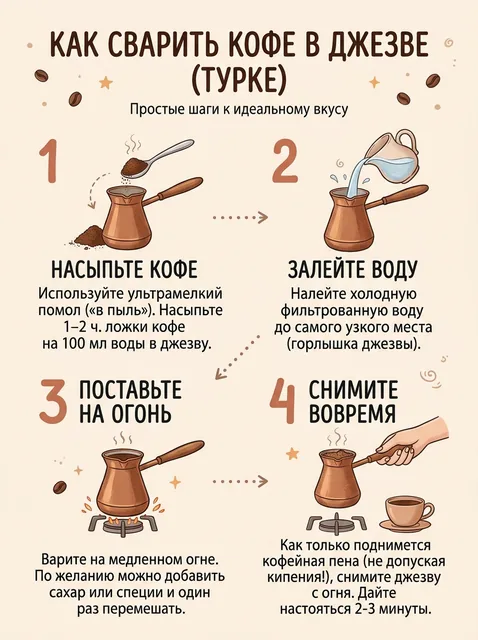 Инфографика на русском языке «Как заварить кофе в турке»: четыре шага с иконками и подписями, светлый фон, аккуратная т…