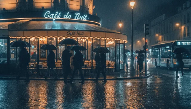 Уличное кафе в Париже под дождём, вывеска «Café de Nuit», люди под зонтами, огни отражаются на брусчатке. Кинематографи…