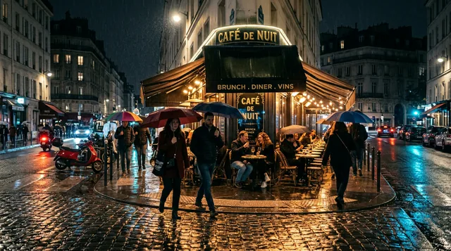 Уличное кафе в Париже под дождём, вывеска «Café de Nuit», люди под зонтами, огни отражаются на брусчатке. Кинематографи…