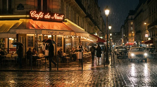 Уличное кафе в Париже под дождём, вывеска «Café de Nuit», люди под зонтами, огни отражаются на брусчатке. Кинематографи…